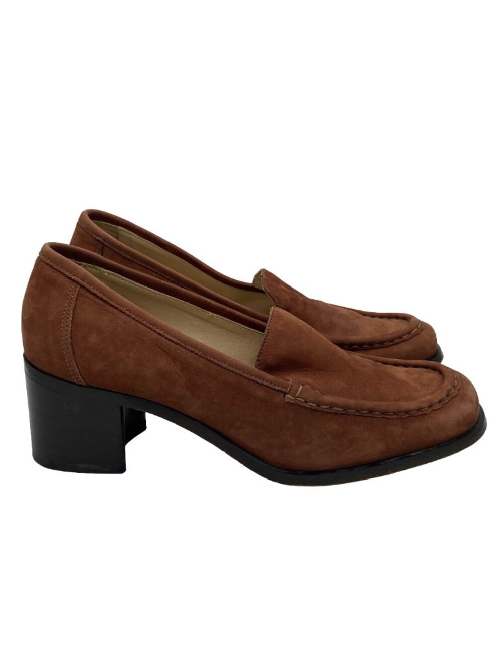 VINTAGE JOAN & DAVID HIGH HEEL LOAFERS BROWN SUEDE BLOCK HEEL 10 US